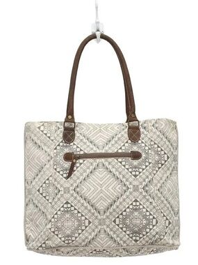 Myra Bag Artisan Canvas 
 Neutral Pattern Canvas Tote with Brown Leather Handles